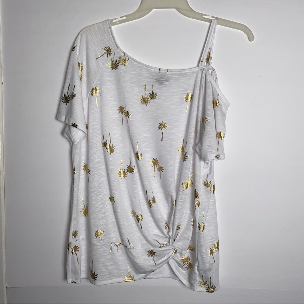 Torrid Off Shoulder Feather Soft Slub Twist Hem White Gold Palm Tree Top 1X